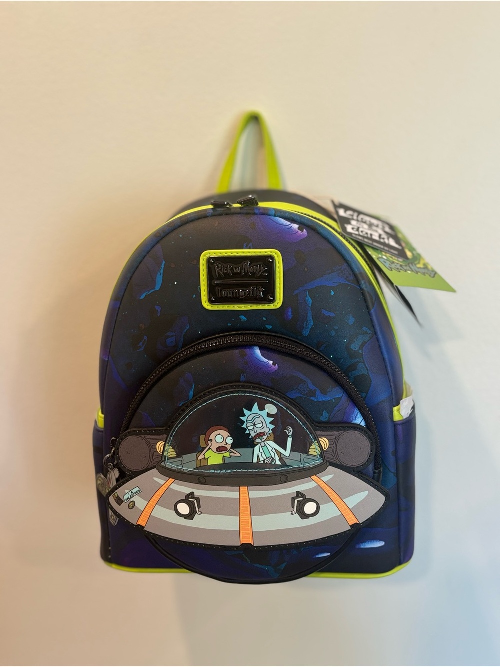 Loungefly Rick and Morty Kids Navy Blue Mini Backpack with Neon Yellow Trim